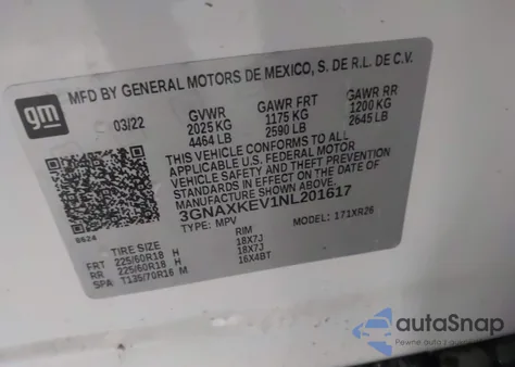 2022 Chevrolet Equinox Fwd Lt from USA, damaged, VIN 3GNAXKEV1NL201617